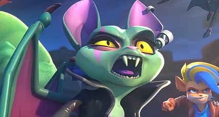 Catbat (Erika Ishii) watches on as Crash Bandicoot (Scott Whyte) goes for the dunk in Crash Team Rumble (2023), Toys For Bob