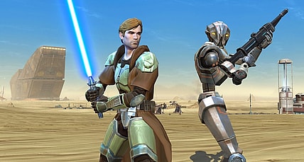 A Jedi player and HK-51 ready for battle in Star Wars: The Old Republic (2011), Electronic Arts
