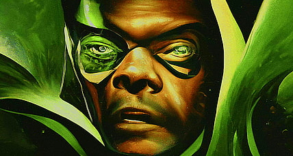 Nick Fury (Samuel L. Jackson) begins his one-man war on the Skrulls in the AI-generated intro to Secret Invasion (2023), Marvel Entertainment