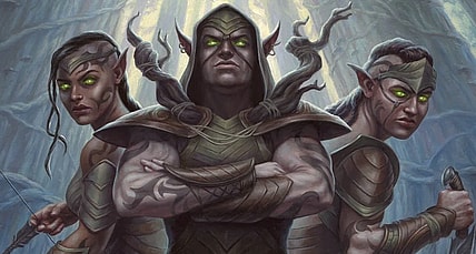 Llanowar Tribe via Card #170, Magic: The Gathering - Modern Horizons (2019), Wizards of the Coast. Art by Scott Murphy.