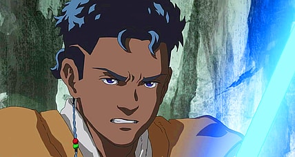 Dan G'Vash (Yuichi Nakamura) readies himself to spar with his Master Tajin Crosser (Takaya Hashi) in Star Wars Visions Season 1 Episode 7 "The Elder" (2021), Studio Trigger / Disney Lucasfilm