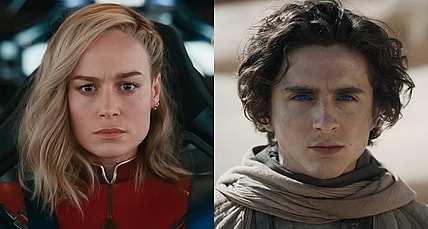 Carol Danvers (Brie Larson) receives a transmission from Nick Fury (Samuel L. Jackson) in The Marvels (2023), Marvel Entertainment / Paul Atreides (Timothée Chalamet) prepares for war in Dune: Part Two (2023), Warner Bros. Discovery