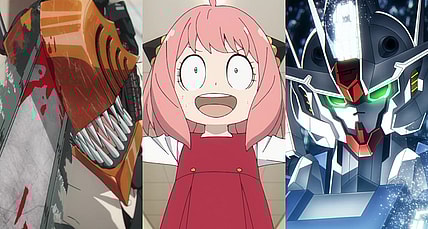 Denji (Kikunosuke Toya) unleashes his true power in Chainsaw Man Season 1 Episode 12 "Katana vs Chainsaw" (2023) / Anya (Atsumi Tanezaki) is unprepared for swim lessons in Spy x Family Season 1 Episode 11 "STELLA" (2023) / Gundam Aerial beams down on its opponent in Mobile Suit Gundam: The Witch From Mercury Season 1 Episode 21 "May All Blessings Find Their Way To You, I'm Wishing For It" (2023)