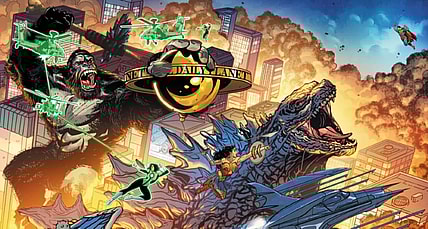 Godzilla and Kong fighting Justice League