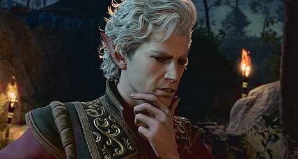 Astarion (Neil Newbon) plans the group's next move in Baldur's Gate 3 (2023), Larian Studios