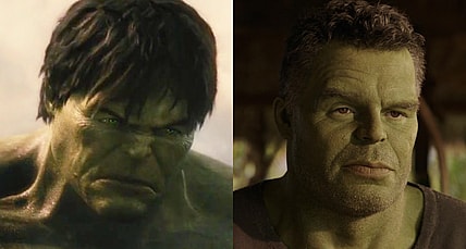 The Hulk (Edward Norton) prepares for a brawl in The Incredible Hulk (2009), Marvel Entertainment / Bruce Banner (Mark Ruffalo) teaches his cousin (Tatiana Maslany) yoga She-Hulk: Attorney at Law Season 1 Episode 1 “A Normal Amount of Rage” (2022), Marvel Entertainment