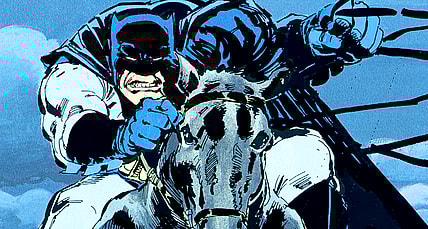 Batman leads the final charge in Batman: The Dark Knight Returns Vol. 1 #4 "The Dark Knight Falls" (1986), DC Comics. Words and art by Frank Miller.