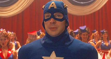 Steve Rogers (Chris Evans) makes his debut as his costumed alter-ego in Captain America: The First Avenger (2011), Marvel Entertainment