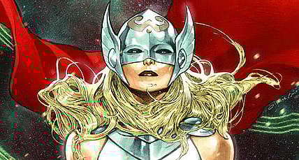 Jane Foster stands tall on Olivier Copiel's variant cover to Mighty Thor Vol. 3 #1 "Thunder In Her Veins" (2015), Marvel Comics