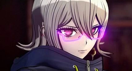 A reluctant Halara Nightmare (Yui Ishikawa) decides to trust Yuma Kokohead (Katsumi Fukuhara) in Master Detective Archives: RAIN CODE's (2023), Spike Chunsoft, Co. Ltd.