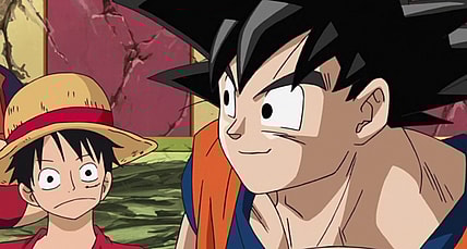 Goku (Masako Nozawa) compliments Luffy's (Mayumi Tanaka) fighting prowess in Dream 9 Toriko x One Piece x Dragon Ball Z Super Collaboration Special (2013), Toei Animation