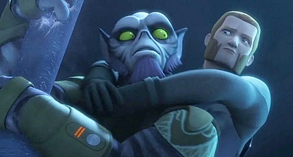 Zeb (Steve Blum) carries Agent Kallus (David Oyelowo) to safety in Star Wars Rebels Season 2 Episode 17 "The Honorable Ones" (2016), Lucasfilm