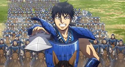 Shin (Masakazu Morita) leads the newly christened Hi-Shin unit into battle in Kingdom Season 3 Epiode 25 "The Difference Between Dances" (2021), Studio Pierrot