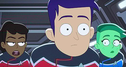 Mariner (Tawny Newsome), Boimler (Jack Quaid) and Tendi (Noel Wells) explore the ducts of the U.S.S. Cerritos in Star Trek: Lower Decks Season 3 Episode 4 "Room for Growth" (2022), Paramount Plus