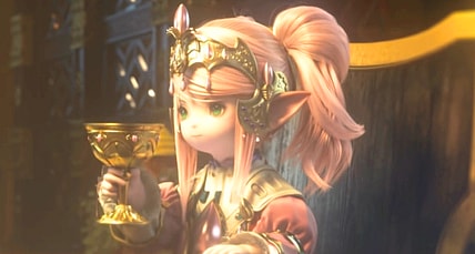 Nanamo Ul Namo (Mariya Ise) prepares to imbibe an unexpected drink in Final Fantasy XIV: Heavensward (2015), Square Enix