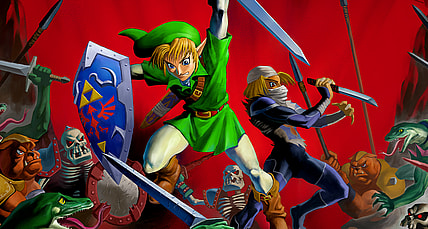 Link and Shiek battle Ganondorf's forces in Yusuke Nakano's illustration for The Legend of Zelda: Ocarina of Time (1998), Nintendo