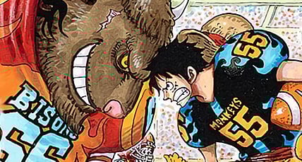 Luffy and a Bison bear down on the line of scrimmage on Eiichiro Oda's color spread to One Piece Ch. 858 "Meeting" (2017), Shueisha