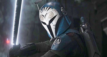 Bo-Katan (Katee Sackhoff) prepares to duel with Moff Gideon (Giancarlo Esposito) in The Mandalorian Season 3 Episode "Chapter 24 - The Return" (2023), Disney Plus
