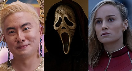 Bowen Yang as God in Dicks: The Musical (2023), A24 / Ghostface in Paramount Pictures and Spyglass Media Group's "Scream VI." © 2022 Paramount Pictures. Ghost Face is a Registered Trademark of Fun World Div., Easter Unlimited, Inc. ©1999. All Rights Reserved.”. Ghost Face is a Registered Trademark of Fun World Div., Easter Unlimited, Inc. ©1999. All Rights Reserved.” / Brie Larson as Captain Marvel/Carol Danvers in Marvel Studios' THE MARVELS. Photo by Laura Radford. © 2023 MARVEL.