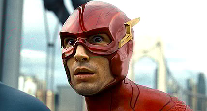 Flash (Ezra Miller) realizes Batman (Ben Affleck) is being affected by Wonder Woman's (Gal Gadot) Lasso of Truth in The Flash (2023), Warner Bros. Pictures