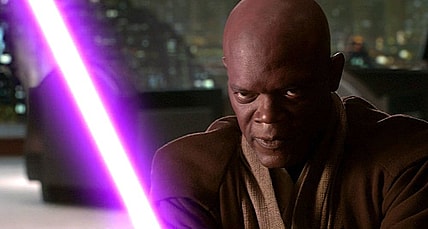 Mace Windu (Samuel L. Jackson) battles Darth Sidious (Ian McDiarmid) in Star Wars Episode III: Revenge of the Sith (2005), Lucasfilm