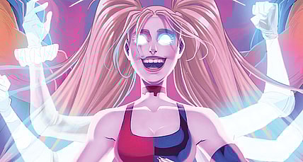 Harley Quinn looks deep into the DC multiverse on Sweeney Boo's cover to Harley Quinn Vol. 4 #31 "Girl in a Crisis, Part IV (2023), DC