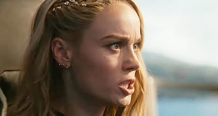 Captain Marvel (Brie Larson) finds herself overwhelmed by Kree forces in The Marvels (2023), Marvel Cinematic Universe