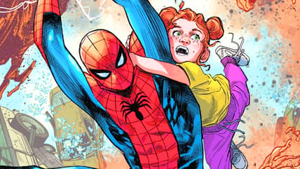 Peter swings May-Day out of the Sandman's reach on Marco Checchetto and Matthew Wilson's cover to Ultimate Spider-Man Vol. 3 #15 (2025), Marvel Comics