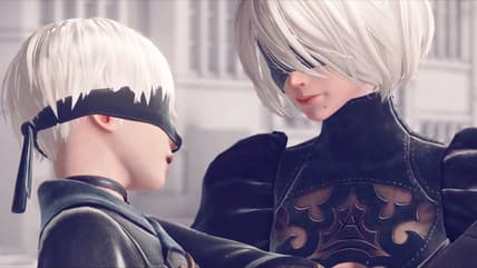 2B (Yui Ishikawa) carries 9S (Natsuki Hanae) off the battlefield in NieR: Automata (201), PlatinumGames