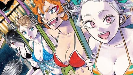 Secre, Mimosa, Mereleona, and Noelle enjoy a midsummer's night on Yuki Tabata's color spread to Black Clover Ch. 384 "Inspire Spirit" (2025), Shueisha