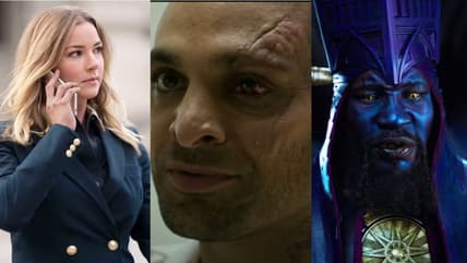 Sharon Carter/Agent 13 (Emily VanCamp) making a phone call after her pardon in The Falcon and the Winter Soldier, 2021, Marvel Entertainment:Adrien Toomes/Vulture (Michael Keaton) speaking to Mac Gargan/Scorpion (Michael Mando) in prison in Spider-Man Homecoming (2017), Sony-Marvel Entertainment:The Council of Kangs (Jonathan Majors) discussing the death of He who Remains in Ant-Man and the Wasp Quantamania (2023), Marvel Entertainment