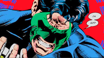 Kyle Rayner gasps in shock upon discovering the corpse of his girlfriend Alex DeWitt in Green Lantern Vol. 3 #54 "Forced Entry" (1994), DC. Words by Ron Marz, art by Steve Carr, Derec Donovan, Darryl Banks, Romeo Tanghal, Steve Mattson, and Albert DeGuzman.