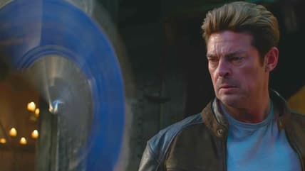 Johnny Cage (Karl Urban) is dumbstruck by the bizarre movements of Kitana's (Adeline Rudolph) fan blades in Mortal Kombat II (2025), Warner Bros. Entertainment