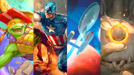 Michaelangelo grabs some grub via Michelangelo, the Heart (Card #005), Magic: The Gathering - Teenage Mutant Ninja Turtles Eternal (2026), Wizards of the Coast. Art by Néstor Ossandón Leal. Steve Rogers knocks out a Hydra goon via Captain America, Super-Solider (Card #TBA), Magic: The Gathering - Marvel Super Heroes (2026), Wizards of the Coast. Art by Anna Podedworna. Captain Kirk and his crew blast off via Starship Enterprise (Card #TBA), Magic: The Gathering - Star Trek (2026), Wizards of the Coast. Art by Dofresh. Smeagol faces The One Ring's temptation via My Precious (Card #TBA) Magic: The Gathering – The Hobbit (2026), Wizards of the Coast. Art by Valera Lutfullina.