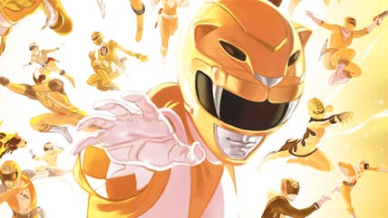 The Yellow Rangers, past, present, and future, arrive for battle on Carlos Fabián Villa's variant cover to Mighty Morphin' Power Rangers Vol. 1 #28 (2018), BOOM! Studios