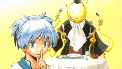 Nagisa has a surprise for Koro-sensei on Yussei Matsui's cover page to Assassination Classroom Chapter 38 "Time for Training" (2013), Shueisha