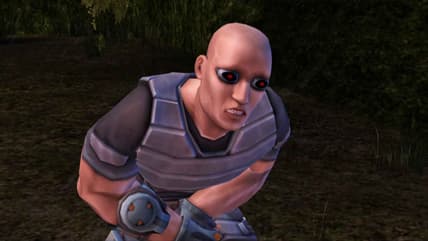 Sargent Cortez kneeling over in pain after taking a swift kick to his boys in TimeSplitters: Future Perfect 2005, Electronic Arts.