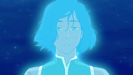 Korra (Janet Varney) enters into her Avatar State to redirect the energy from Kuvira's mech (Zelda Williams) in The Legend of Korra Season 4 Episode 13 "The Last Stand" (2014), Nickelodeon
