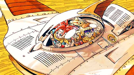 Chrono, Lucca, and Frog fly through time in Akira Toriyama's key art for Chrono Trigger (1995), Square