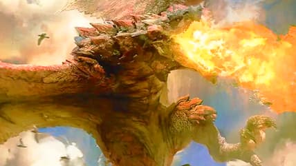 Rathalos makes his presence known via Rathalos, King of the Skies (Card #2237, Magic: The Gathering Secret Lair Drop - Monster Hunter: The Monsters (Canceled), Wizards of the Coast. Art by Brock Grossman.
