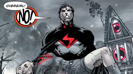 Overman mourns the death of Overgirl in The Multiversity: Mastermen Vol. 1 #1 "Splendour Falls" (2015), DC. Words by Grant Morrison, art by Jim Lee, Scott Williams, Sandra Hope, Jonathan Glapion, Mark Irwin, Alex Sinclair, Jeromy Cox and Rob Leigh.