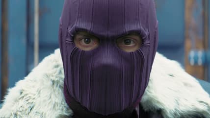 Zemo (Daniel Brühl) checks in on Bucky (Sebastian Sam), Sam (Anthony Mackie), and Sharon Carter (Emily VanCamp) in The Falcon and The Winter Soldier Season 1 Episode 3 "Power Broker" (2021), Marvel Entertainment