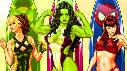 Captain Marvel, Rogue, She-Hulk, Mary-Jane, and Black Widow hit the beach on Mark Brooks' variant cover to to Marvel Swimsuit Special: Friends, Foes & Rival Vol. 1 #1 (2025), Marvel Comics