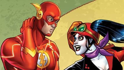 The Flash is unsure whether Harley Quinn's Cheetah-powered chariot can keep up with him on Amanda Conner and Paul Mount's variant cover to The Flash Vol. 4 #39 "Power Loss" (2015), DC