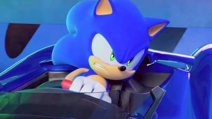 Sonic (Roger Craig Smith) fights to take back control of his kart in Sonic Racing: CrossWorlds (2025), SEGA