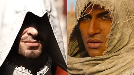 Ezio Auditore (Roger Craig Smith) makes Cesare Borgia (Andreas Apergis) know that he is not alone in Assassin's Creed: Brotherhood (2010), Ubisoft / Bayek of Siwa (Abubakar Salim) confronts Medunamun's (Unknown) men in Assassin's Creed Origins (2017), Ubisoft