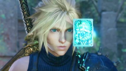 Cloud (Takahiro Sakurai) receives an assist from The Emerald Witch in Queen's Blood in Final Fantasy VII Rebirth (2023), Square Enix
