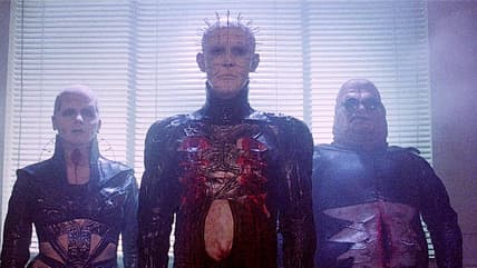 The Female Cenobite (Grace Kirby), "Pinhead," (Doug Bradley) and the "Butterball" in Hellraiser (1987), New World Pictures
