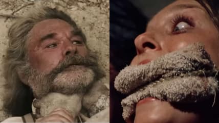 Kurt Russell gets a little choked up in Bone Tomahawk (2015) RLJ Entertainment & Marilyn Burns gags at the sight of dinner in The Texas Chainsaw Massacre (1974) Bryanston Distributing Company