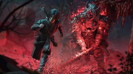 Naoe (Masumi Tsunoda) flees from a monstrous Oni from Dead by Daylight in Assassin's Creed Shadows (2025), Ubisoft